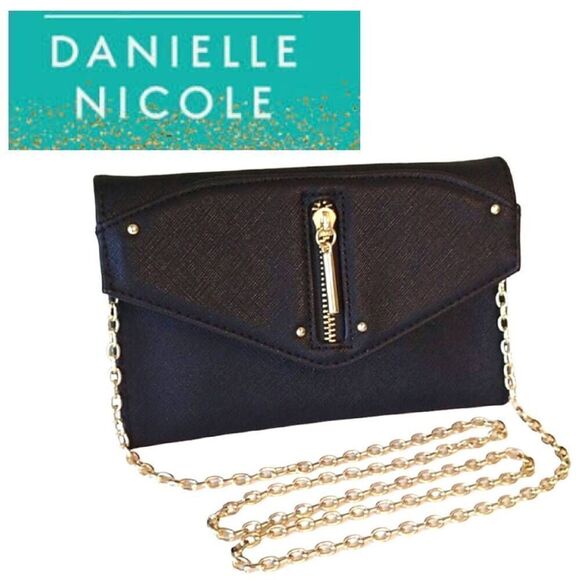 Danielle Nicole Black Vegan Gold Accent Evening Envelope Clutch with Chain - Picture 1 of 13